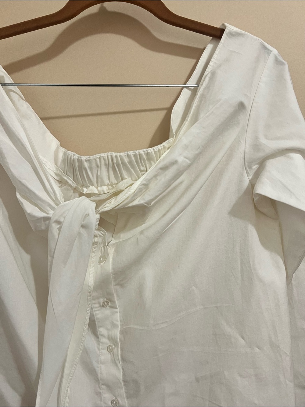 White Button-Front Tie-Neck Off- Shoulder Blouse